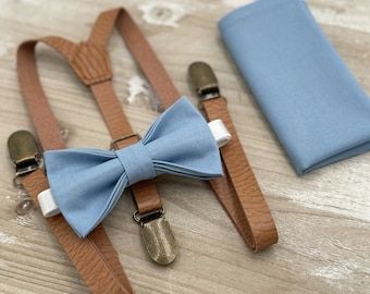 Steel Blue Bow Tie & Suspenders , Skinny Light brown Leather Suspenders , Men's pocket square , Boy's Ring Bearer gift , Groomsmen outfit