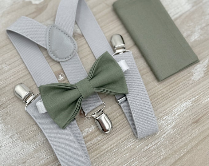Gray Bow Tie & Suspenders – All Sizes for Men and Boys, Pocket Square, Light Gray Suspenders, Ring Bearer Gift, Rustic Wedding Set