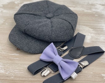 Gray Boy's & Men's Flat hat , Applejack Newsboy cap , Lavender Purple Bow Tie and Dark Gray Suspenders , Wedding Ring bearer outfit