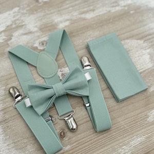 Dusty Sage Bow Tie & Suspenders – Ring Bearer Outfit, All Sizes Baby to Adult, Groomsman Gift, Pocket Square, Boho Wedding Set