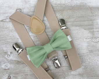 Sage Bow Tie & Tan Suspenders, Khaki Champagne Braces, Pocket square, Boy's Ring Bearer gift, Groomsmen Wedding outfit