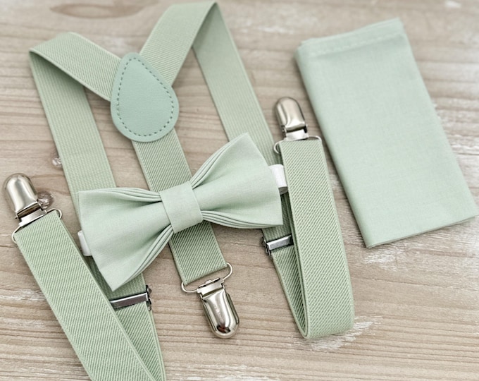 Dusty Sage Bow tie & Suspenders, Pocket Square, Ring Bearer Outfit, Boho Rustic Wedding