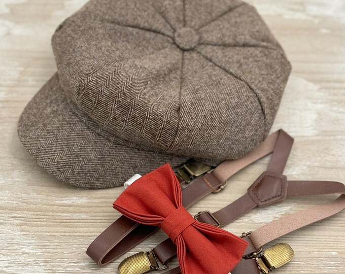 Tweed Newsboy Cap, Skinny Leather Suspenders, Terracotta Cinnamon Bow Tie, Ring Bearer Outfit, Cake Smash Outfit, Wedding Set