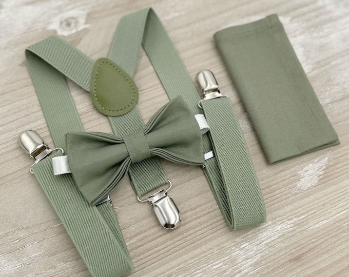 Moss Bow Tie & Suspenders – All Sizes for Men and Boys, Pocket Square, Ring Bearer Groomsman Gift, Rustic Wedding Set