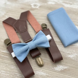 Steel blue Bow Tie & Suspenders , Brown Vegan Leather suspenders , Men&#39;s pocket square ,  Boy&#39;s Baby Ring bearer gift  , Wedding Outfit