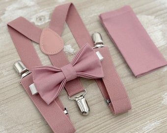 Dusty Rose Bow Tie and Suspenders Set – Pocket Square, Ring Bearer Outfit, Groomsman Gift, Boho Barn Wedding Accessories