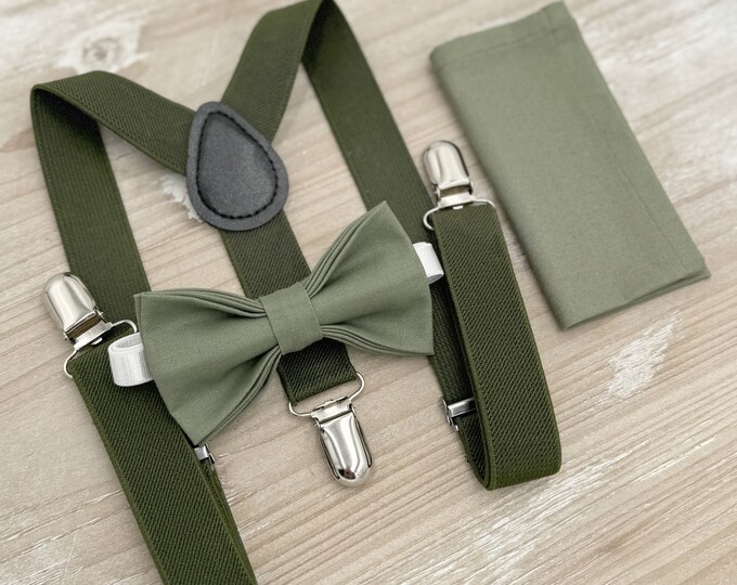 Moss Bow Tie & Olive Green Suspenders – Ring Bearer and Groomsman Outfit, Rustic Boho Wedding, Pocket Square, Toddler to Adult Sizes