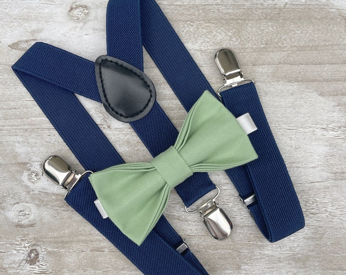 Sage Bow Tie & Navy Suspenders – Ring Bearer and Groomsman Outfit, Rustic Wedding, Pocket Square, Toddler to Adult Sizes