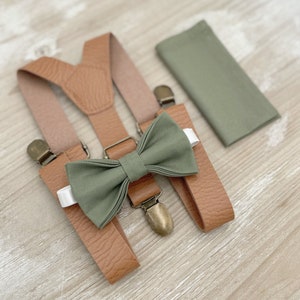 Moss Bow Tie & Suspenders – All Sizes for Men and Boys, Leather Suspenders, Pocket Square, Ring Bearer Outfit, Boho Rustic Wedding