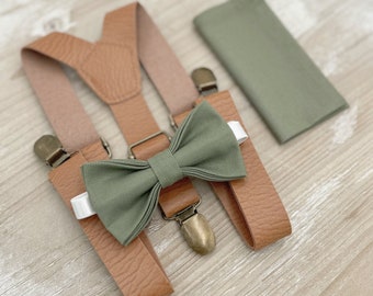 Moss Bow Tie & Suspenders – All Sizes for Men and Boys, Leather Suspenders, Pocket Square, Ring Bearer Outfit, Boho Rustic Wedding