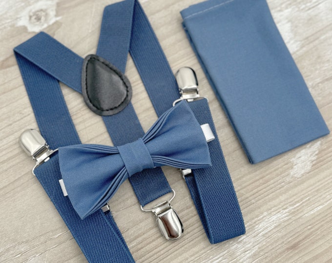 Steel Blue Bow Tie & Suspenders – Ring Bearer and Groomsman Outfit, Rustic Boho Wedding, Pocket Square, Toddler to Adult Sizes