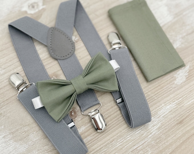 Moss Bow Tie & Suspenders – All Sizes for Men and Boys, Pocket Square, Gray Suspenders, Ring Bearer Gift, Rustic Wedding Set
