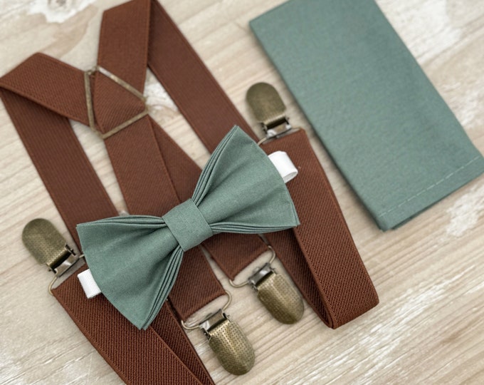 Eucalyptus Bow Tie & Suspenders – All Sizes for Men and Boys, X- Back Suspenders, Pocket Square, Ring Bearer, Rustic Wedding, Groomsman Gift