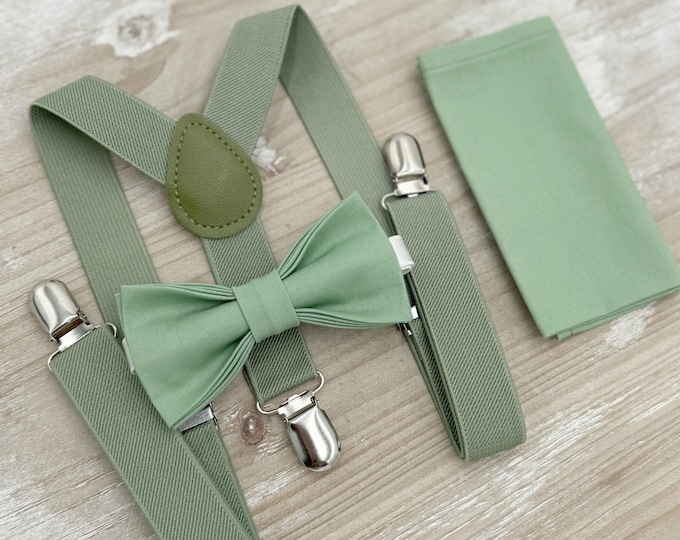 Matcha Bow Tie & Suspenders – All Sizes for Men and Boys, Pocket Square, Moss Green Suspenders, Ring Bearer Gift, Rustic Wedding Set