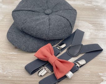 Tweed Newsboy Cap, Gray Applejack Hat, Suspenders, Spice Bow Tie, Ring Bearer Outfit, Cake Smash Outfit, Page Boy Wedding, Sedona Bow