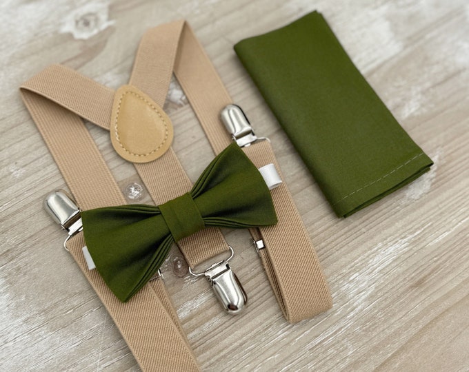 Olive Bow tie & Suspenders, Nude Beige Braces, Pocket Square, Ring Bearer Outfit, Mens and Boys BowTie, Boho Rustic Wedding