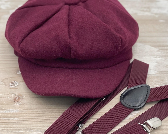 Boy's Newsboy cap , Burgundy Applejack Flat hat , Wine Suspenders , Wedding Ring bearer outfit , Newborn Tweed Dark red Ivy Cap