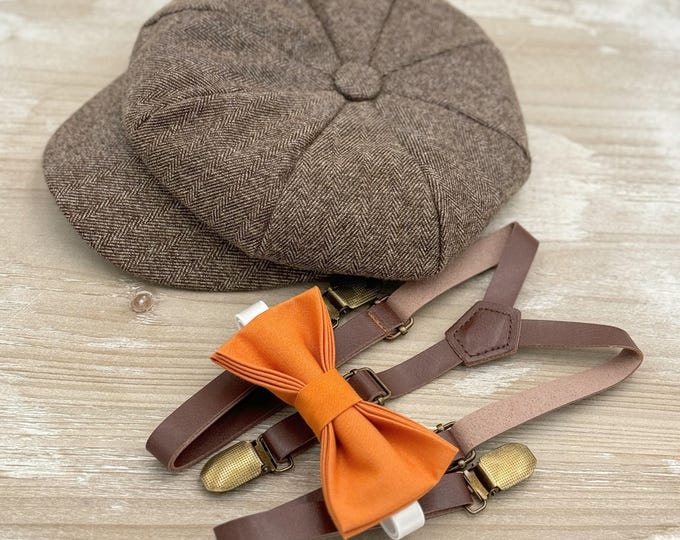 Tweed Newsboy Cap, Skinny Leather Suspenders, Burnt Orange Bow Tie, Ring Bearer Outfit, Cake Smash Outfit, Page Boy Cap, Wedding Set