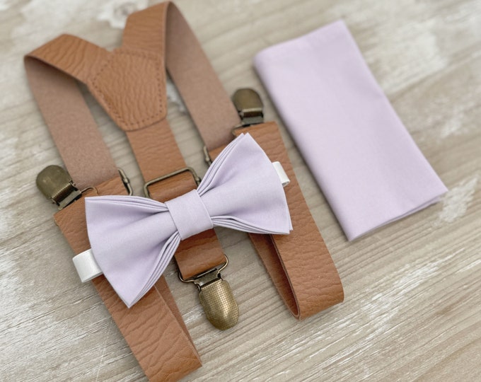 Iris Bow Tie & Leather Suspenders – Ring Bearer and Groomsman Outfit, Rustic Boho Wedding, Purple Pocket Square, Toddler to Adult Sizes