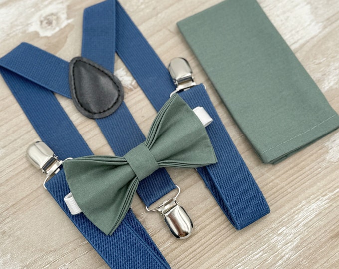 Eucalyptus Bow Tie & Suspenders – All Sizes for Men and Boys, Steel Suspenders, Pocket Square, Ring Bearer, Rustic Wedding, Groomsman Gift