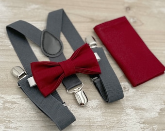 Burgundy Bow Tie & Dark Gray Suspenders Set - Ring Bearer and Groomsman Outfit, Rustic Wedding, Pocket Square, All Sizes Baby to Adult