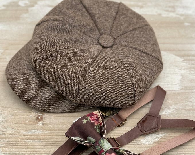 Tweed Newsboy Cap, Skinny Leather Suspenders, Floral Bow Tie, Ring Bearer Outfit,  Cake Smash Outfit, Page Boy Cap, Wedding Set