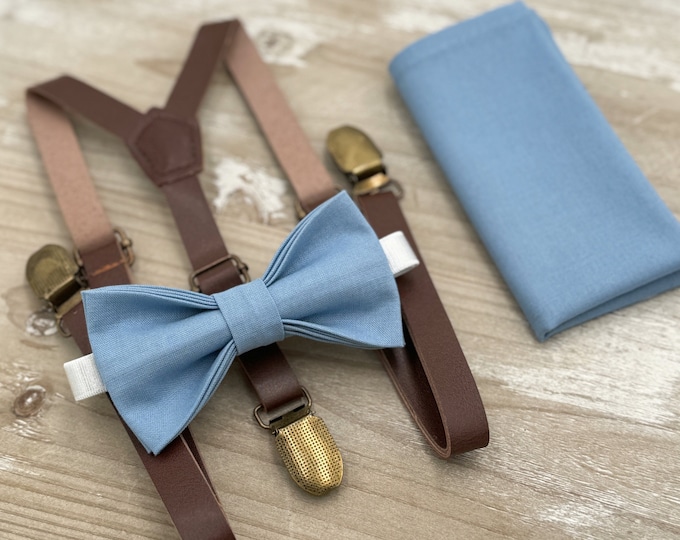 Steel Blue Bow Tie & Suspenders , Skinny Leather suspenders , Men's pocket square , Boy's Ring Bearer gift , Groomsmen Wedding Groom outfit