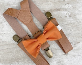 Burnt Orange Bow Tie & Leather Suspenders – Ring Bearer and Groomsman Outfit, Rustic Boho Wedding, Pocket Square, Toddler to Adult Sizes