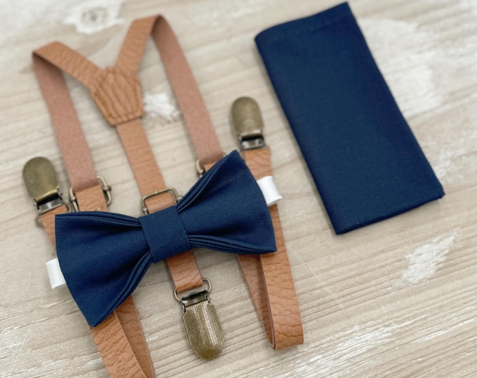 Navy Bow tie & Suspenders | Skinny Light Brown Leather Braces | Marine Bowtie | Pocket Square | Ring Bearer Outfit | Boho Rustic Wedding