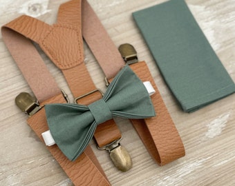 Eucalyptus Bow Tie and Suspenders – All Sizes for Men and Boys, Leather Suspenders, Pocket Square, Ring Bearer Gift, Rustic Wedding