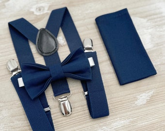 Navy Bow tie & Suspenders, Marine Blue BowTie, Pocket Square, Ring Bearer Outfit, Boho Rustic Wedding