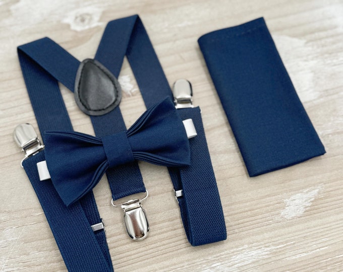 Navy Bow tie & Suspenders, Marine Blue BowTie, Pocket Square, Ring Bearer Outfit, Boho Rustic Wedding