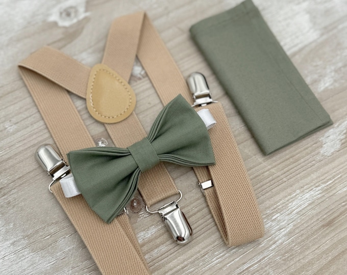 Moss Bow Tie & Suspenders – All Sizes for Men and Boys, Pocket Square, Beige Suspenders, Ring Bearer Gift, Rustic Wedding Set
