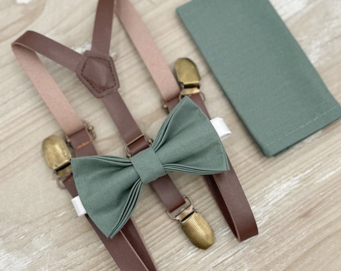 Eucalyptus Bow Tie and Suspenders – All Sizes for Men and Boys, Skinny Leather Suspenders, Pocket Square, Ring Bearer Gift, Boho Wedding
