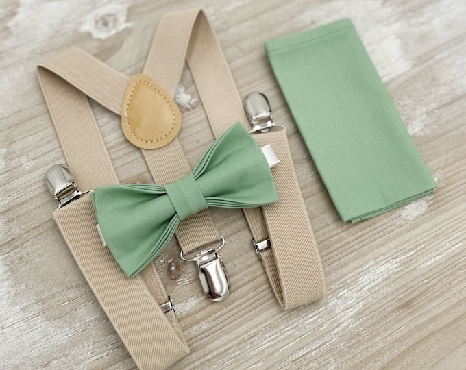 Matcha Bow tie & Suspenders, Champagne Tan Braces, Sage Meadow Green Bow, Pocket Square, Ring Bearer Outfit, Boho Rustic Wedding