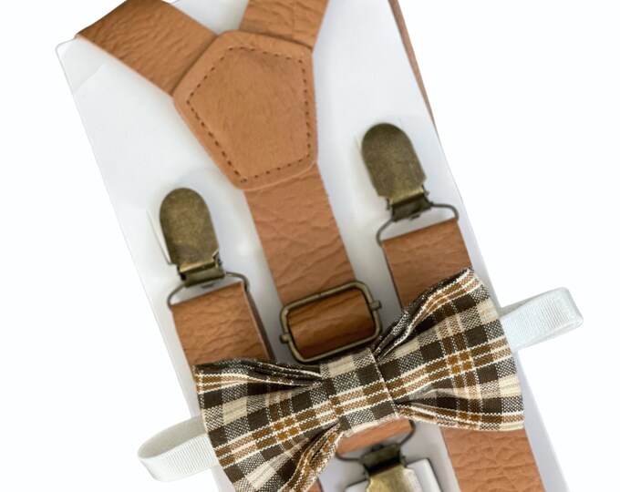 Plaid Brown Bow Tie & Light Brown Leather Suspenders , Men's rustic bow tie , Boy's Ring Bearer gift , Groomsmen Wedding outfit