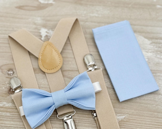 Ice Blue Bow tie & Suspenders, Champagne Tan Braces, Pocket Square, Ring Bearer Outfit, Boho Rustic Wedding Set