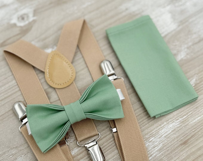 Matcha Bow tie & Suspenders, Nude Beige Braces, Sage Meadow Green Bow, Pocket Square, Ring Bearer Outfit, Boho Rustic Wedding