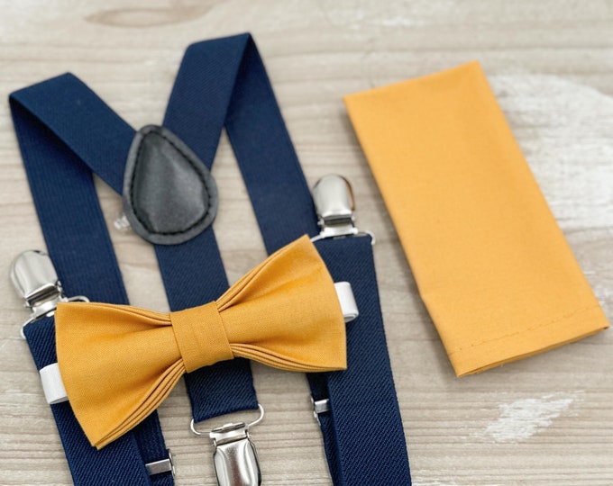 Marigold Bow tie & Suspenders, Navy Blue Braces, Pocket Square, Ring Bearer Outfit, Boho Rustic Wedding