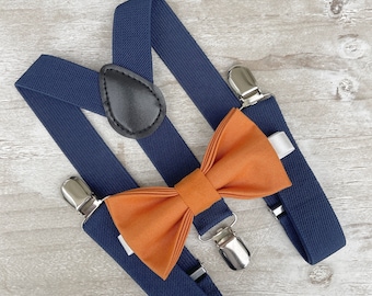 Burnt Orange Bow Tie & Navy Suspenders – Ring Bearer and Groomsman Outfit, Rustic Boho Wedding, Pocket Square, Toddler to Adult Sizes