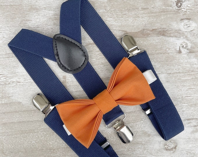 Burnt Orange Bow Tie & Navy Suspenders – Ring Bearer and Groomsman Outfit, Rustic Boho Wedding, Pocket Square, Toddler to Adult Sizes