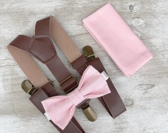 Baby Pink Bow Tie & Leather Suspenders – Ring Bearer and Groomsman Outfit, Rustic Wedding, Pocket Square, Toddler to Adult Sizes