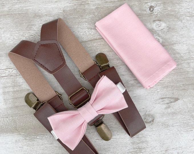 Baby Pink Bow Tie & Leather Suspenders – Ring Bearer and Groomsman Outfit, Rustic Wedding, Pocket Square, Toddler to Adult Sizes