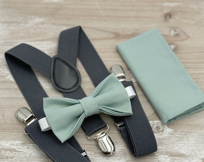 Dusty Sage Bow Tie & Dark Gray Suspenders – Ring Bearer Outfit, All Sizes Baby to Adult, Groomsman Gift, Pocket Square, Boho Wedding Set