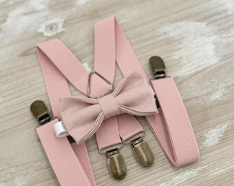 Linen Vintage Rose Bow Tie & Suspenders Set - Ring Bearer and Groomsman Outfit, Rustic Wedding, Cameo Bow Tie, All Sizes Baby to Adult