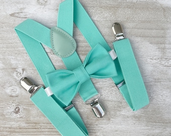 Dark Mint Bow Tie & Suspenders Set - Ring Bearer and Groomsman Outfit, Rustic Wedding, Pocket Square, All Sizes Baby to Adult