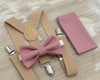 Dusty Rose Bow Tie & Beige Suspenders Set - Ring Bearer and Groomsman Outfit, Rustic Wedding, Pocket Square, All Sizes Baby to Adult