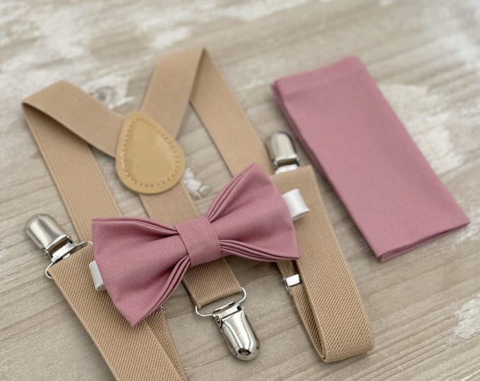 Dusty Rose Bow Tie & Suspenders – All Sizes for Men and Boys, Beige Braces, Pocket Square, Ring Bearer, Groomsman Gift, Boho Barn Wedding
