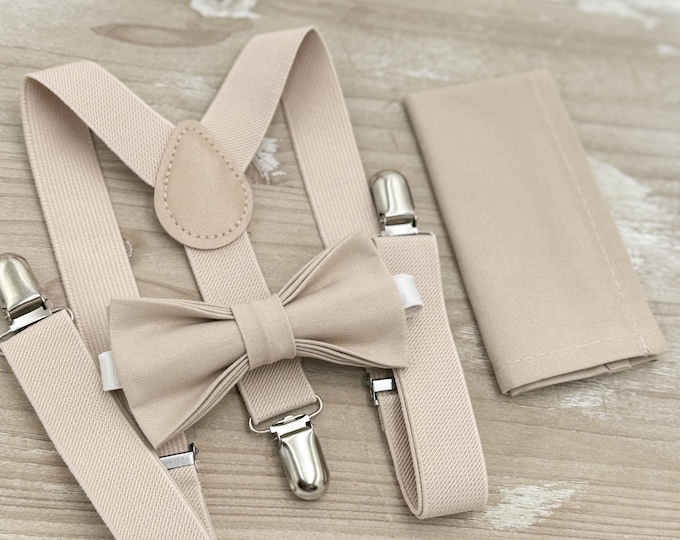 Almond Bow Tie & Suspenders – Toddler to Adult Sizes, Ring Bearer Outfit, Groomsman Wedding Set, Rustic Boho Pocket Square