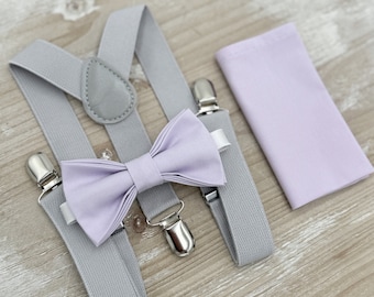 Iris Bow Tie & Light Gray Suspenders - Ring Bearer and Groomsman Outfit, Rustic Wedding, Pocket Square, Toddler to Adult Sizes
